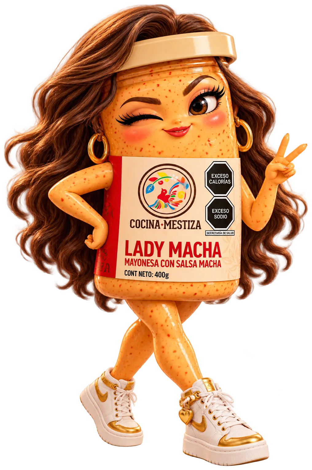 Lady Macha, la mascota de la Mayonesa con Salsa Macha, guiñando el ojo