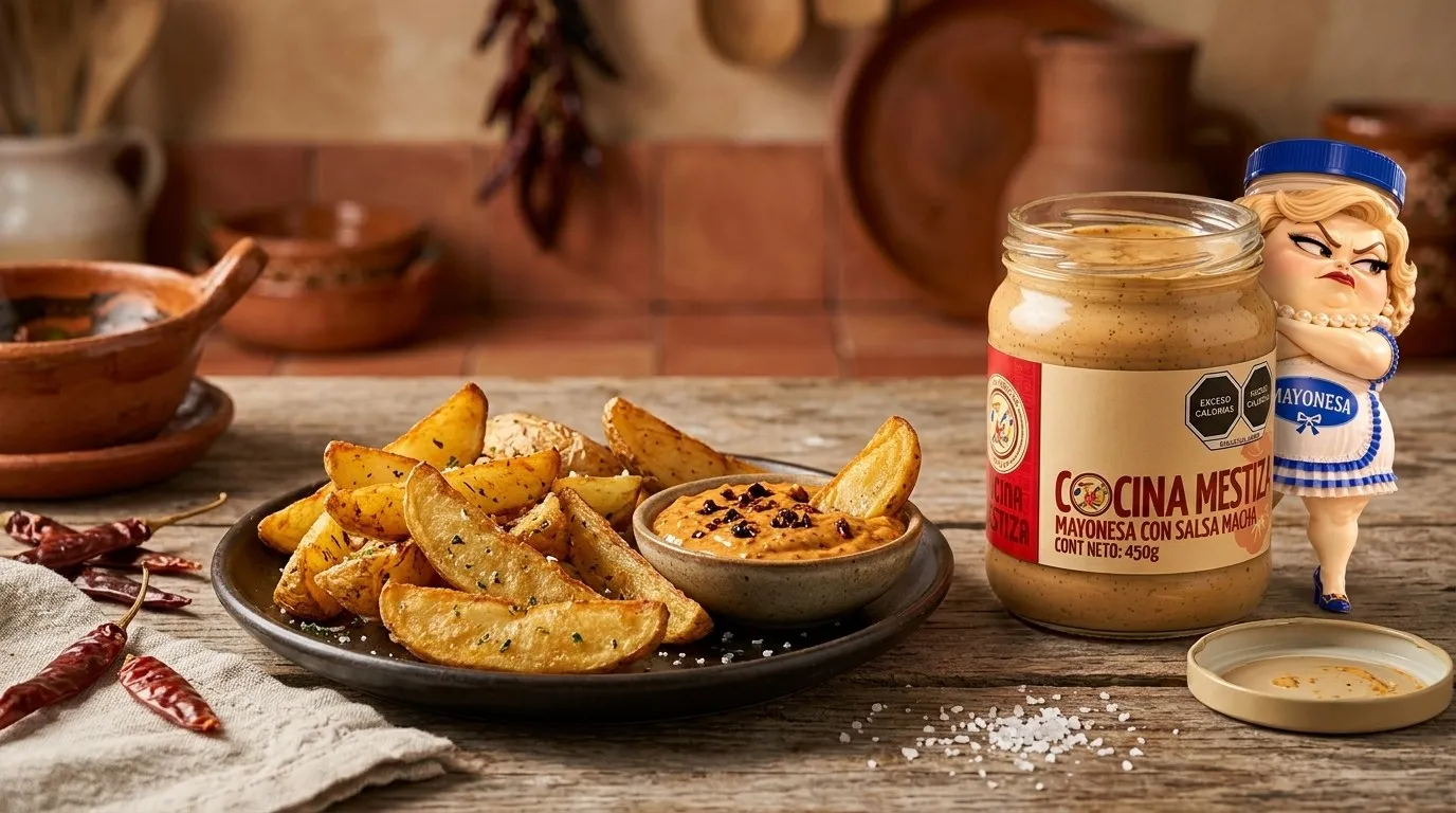Papas gajo para el chisme con Mayonesa con Salsa Macha Cocina Mestiza