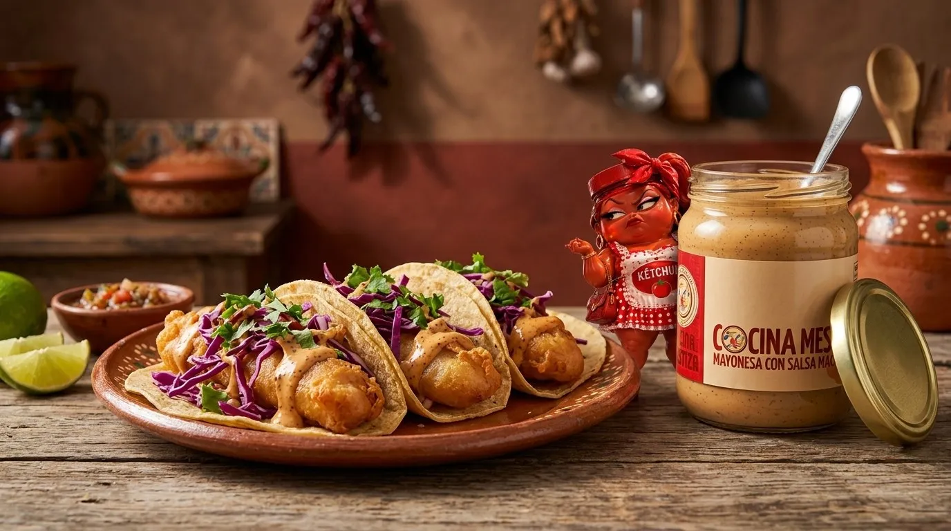 Tacos de pescado capeado con Mayonesa con Salsa Macha Cocina Mestiza